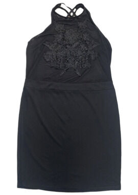 Haute Fox Black Lace Halter Dress 3X Black Crisscross Back Mesh Bodice Evening